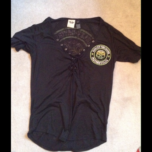 Deep V  front lace up T with lots of bling