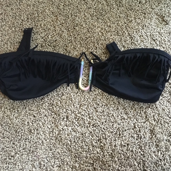 Black fringe bikini top with no straps.