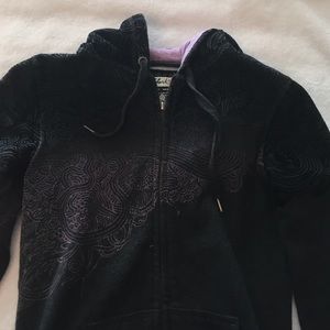 Gray, black, and purple zip-up hoodie