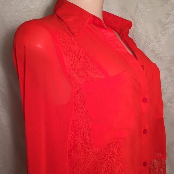 Stylish red orange blouse w/lace FINAL CLEARANCE - Picture 3 of 4