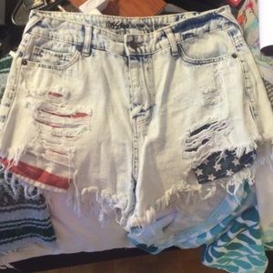 High Waisted Shorts Acid Wash American Flag Pocket