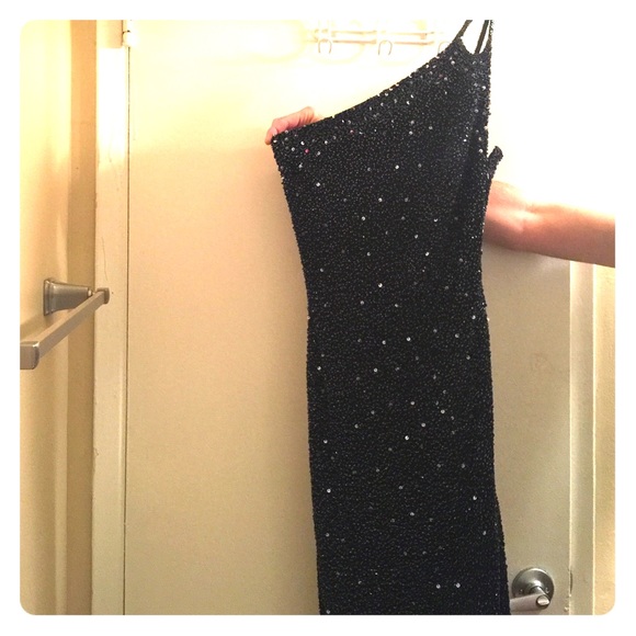 Black, beaded formal dress. One shoulder.