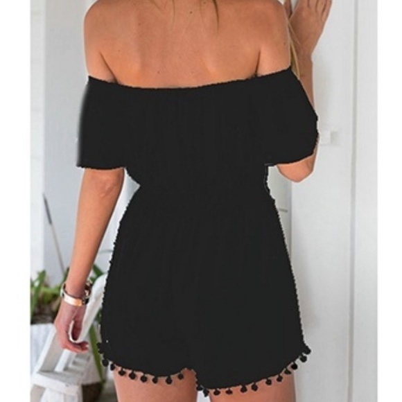 ⏳Last Chance⏳Off Shoulder Romper with Pom Pom Trim - Picture 2 of 3
