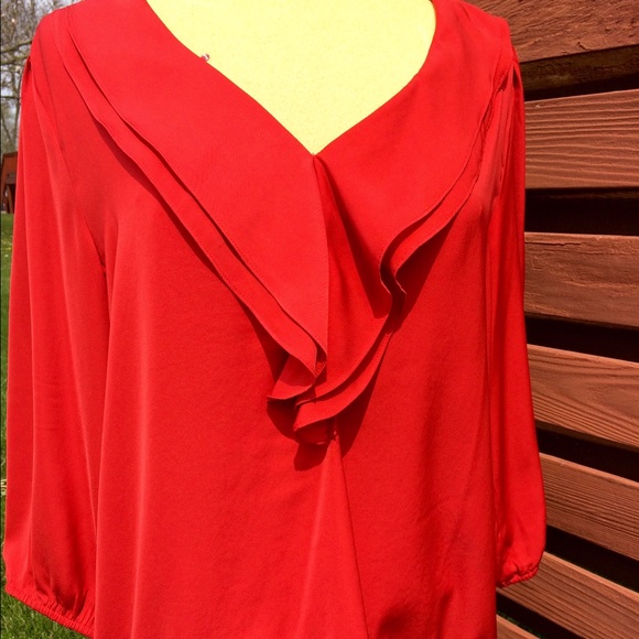 Loft jewel red ruffle v-neck silk look blouse