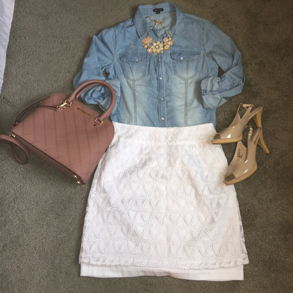 White Embroidered Pencil Skirt by Laundry