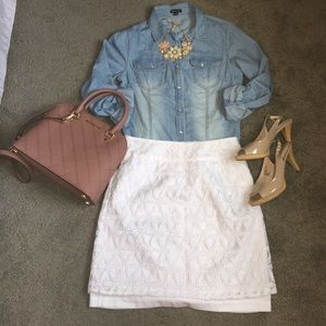 White Embroidered Pencil Skirt by Laundry