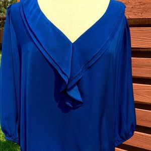 Loft Sapphire blue, ruffle v-neck silk look top