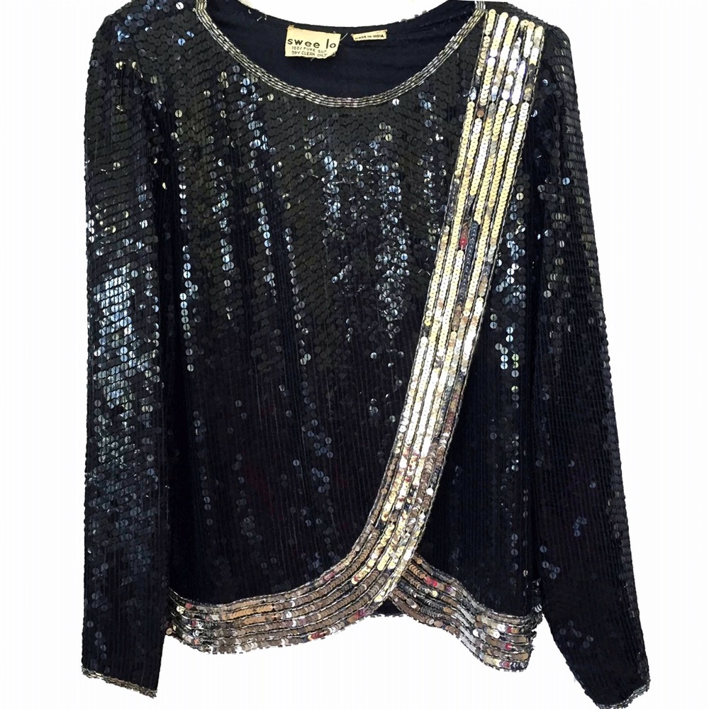 Bugle beaded faux wrap tunic sequins embellished
