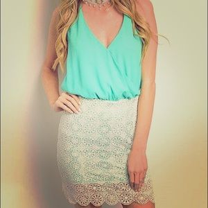 Mint and White Lace Blouson Cocktail Dress