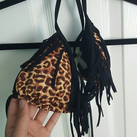 Cheetah Print Fringe Bikini Top - Picture 1 of 2