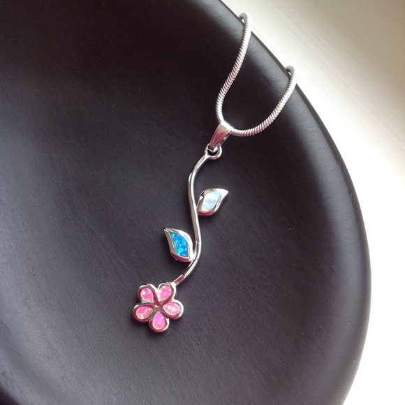 Fire Opal Necklace Pink/Blue/White~18-20" Chain - Picture 2 of 3