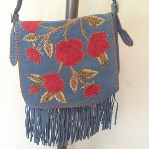 Isabella Fiore blue suede fringe bag with roses