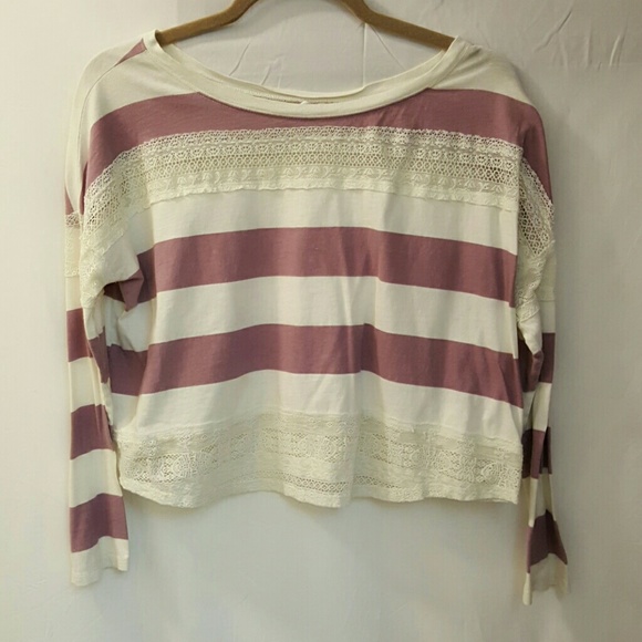Purple, White, and Lace Striped Long Sleeve Crop - Picture 1 of 3