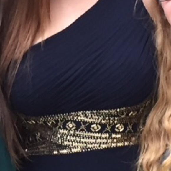 long navy and gold sequin gown with cut outs - Picture 3 of 4