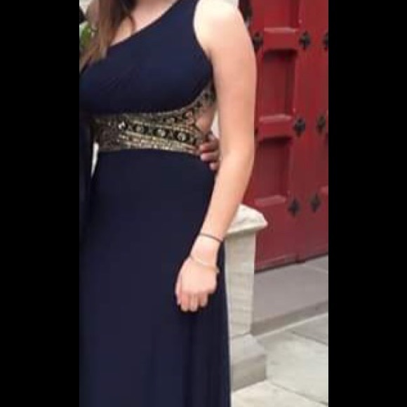 long navy and gold sequin gown with cut outs - Picture 4 of 4