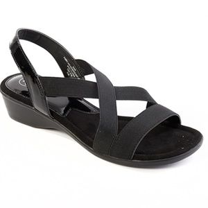 Mootsies Tootsies Idair sandals: open toe, low heel, wide stretchy comfy straps across the toes and crossed across the foot and around the back of the heel