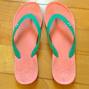 Under Armour pink and aqua mint flip flops