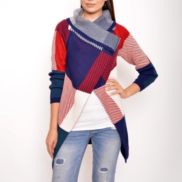 Sweaters - Red and Blue Square Cowl Neck Cardigan