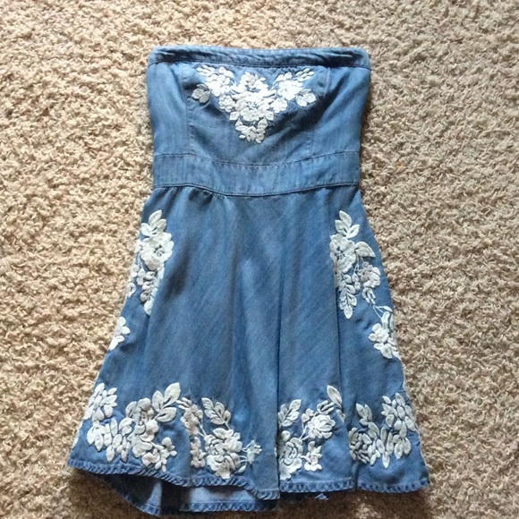 Denim Strapless Dress with white flower designs