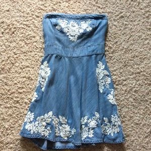 Denim Strapless Dress with white flower designs
