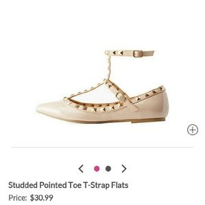 Studded Pointed Toe T-Strap Flats