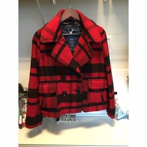 American eagle red and black checkered pea coat