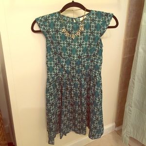 Dark Teal Paisley Short Sleeve Open Back Dress