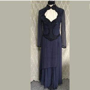 Vtg Judith Ann Creations navy ballroom gown dress