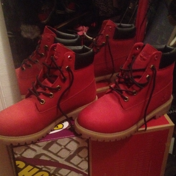 Red and black Timberlands