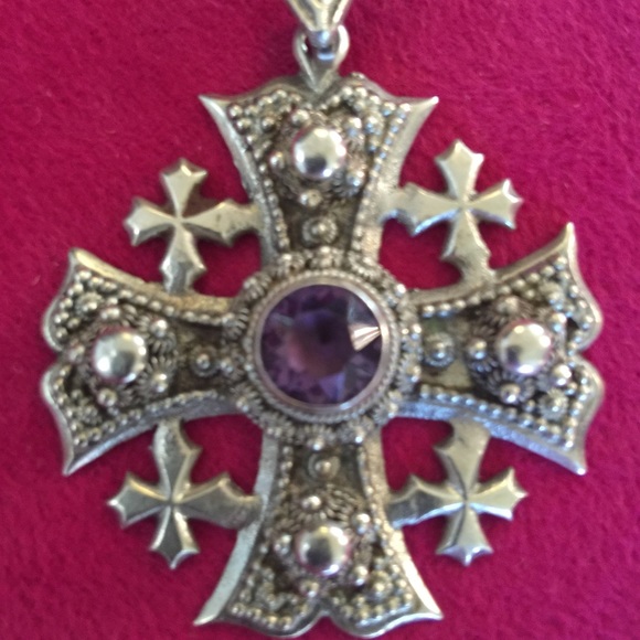💜HOST PICK 💜MALTESE CROSS HANDMADE VTG AMETHYST GEM STONE & STERLING SILVER