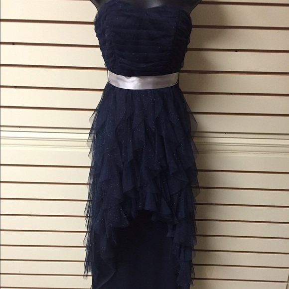 Navy hi-low dress with silver sash