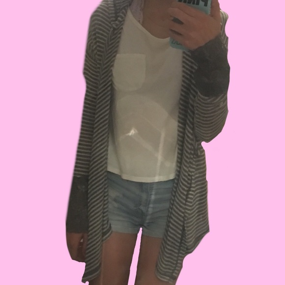 Grey and White Striped Cardigan with Lace Sleeves