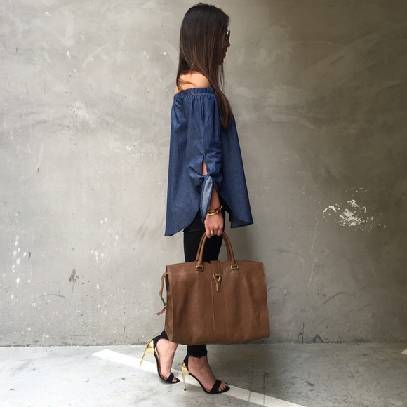 Denim Chambray Off the Shoulder Tunic Top - Picture 2 of 4