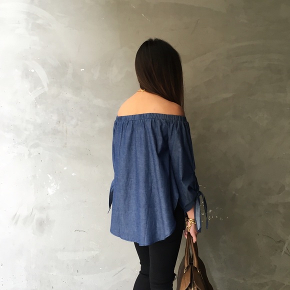 Denim Chambray Off the Shoulder Tunic Top - Picture 3 of 4