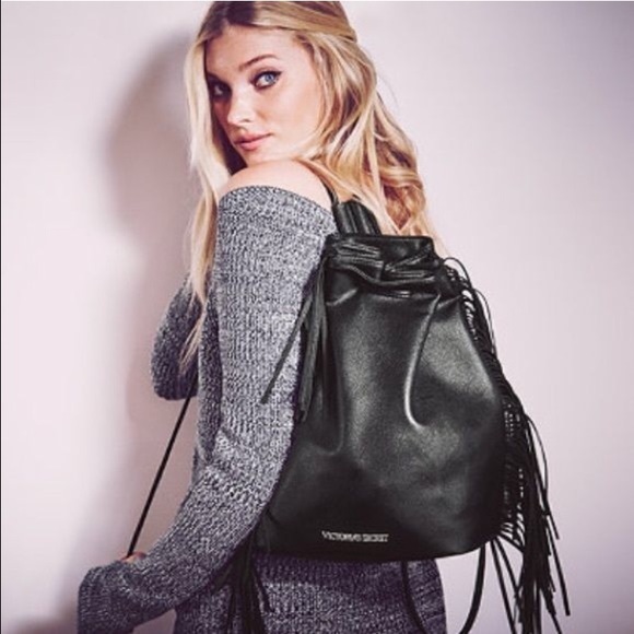 NWT Victoria's Secret black leather bag drawstring