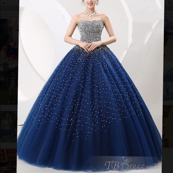 Blue sparkly strapless ball gown