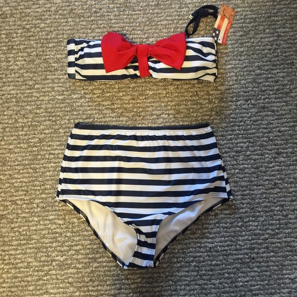 Red, white and blue high-waisted swim suit