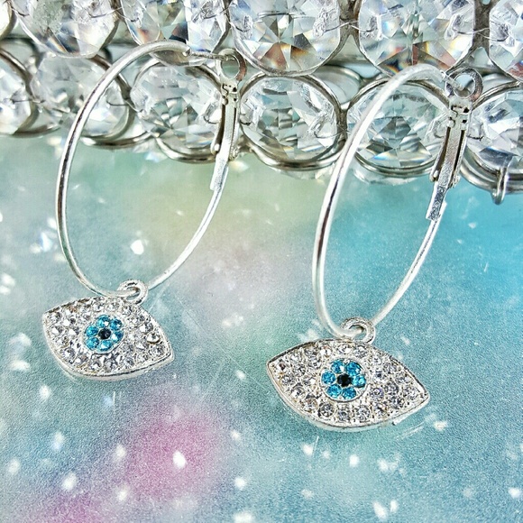 Crystal Pave Blue Eyed Silver Hoop Earrings