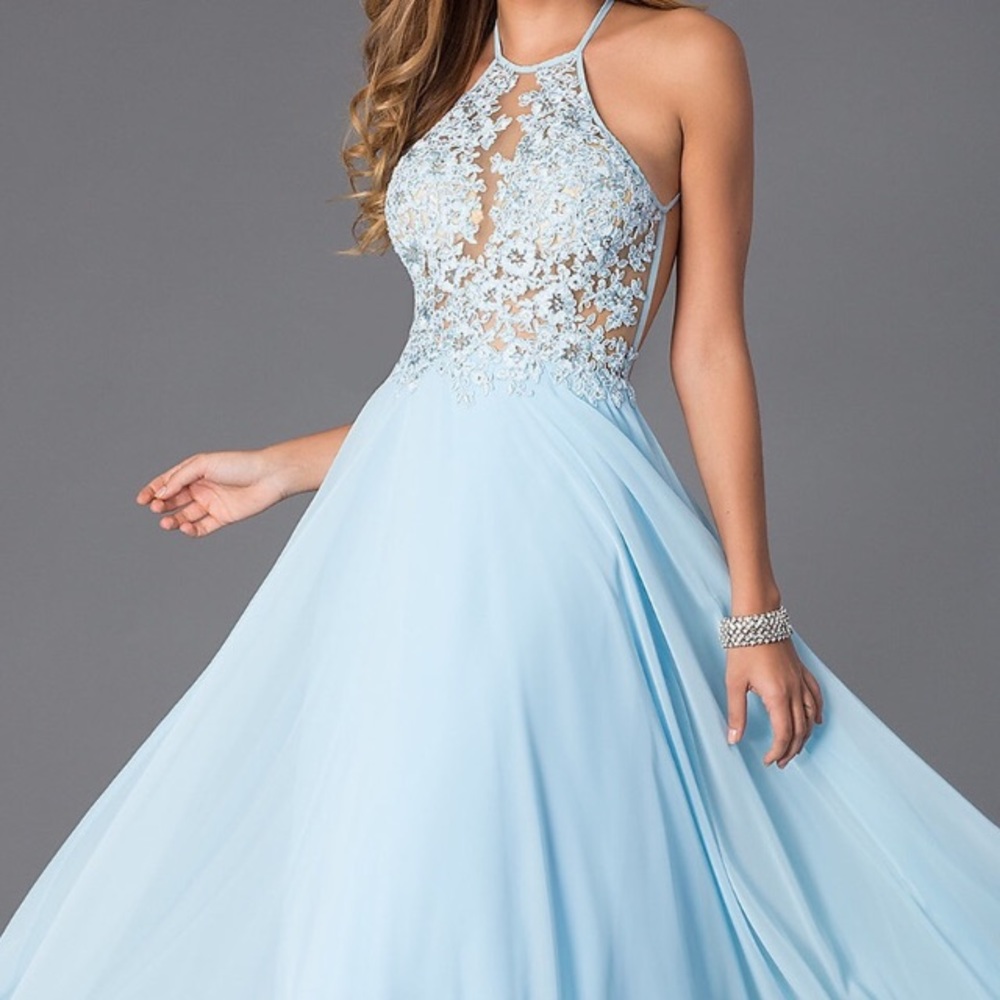 Blue halter backless prom dress