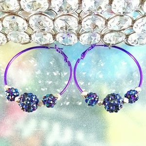 Festival Purple Crystal Pave Ball Hoop Earrings