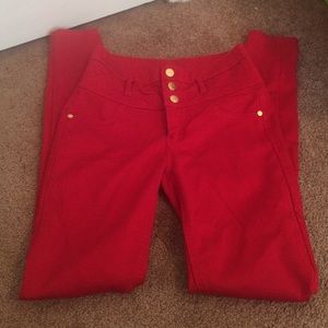 Red high waisted "super skinny" jeans
