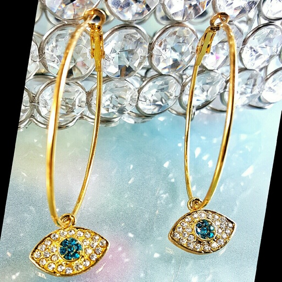 Clear/ Teal Crystal Pave Gold Eye Hoop Earrings