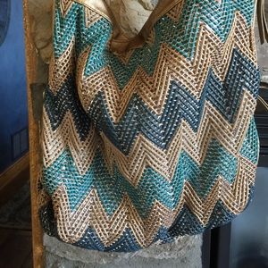 Oversized teal, green tan large purse. Tags!