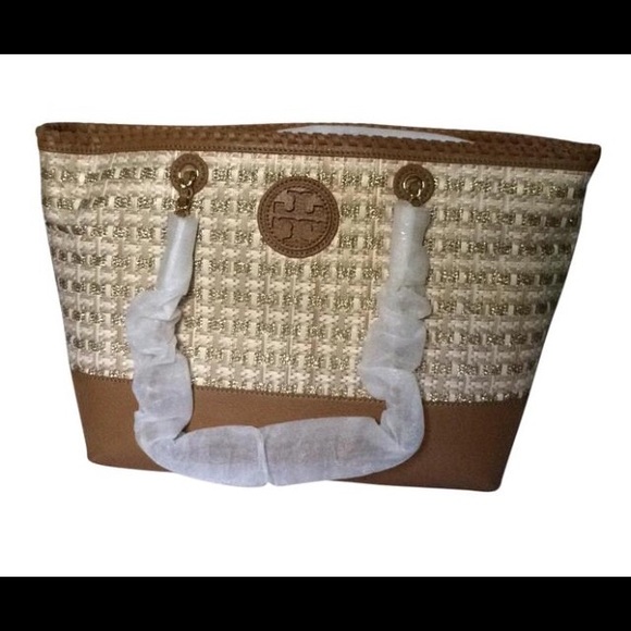 Gold and beige woven straw Tory Burch tote bag