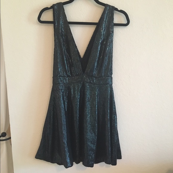 NBD Black/Green Sequined Deep V Dress