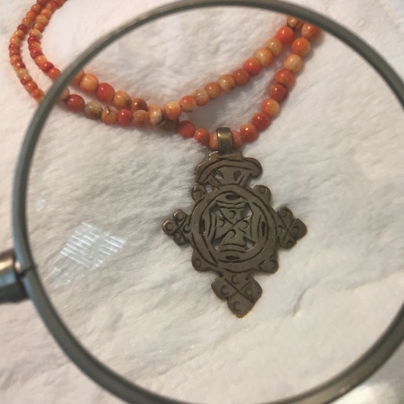 Aruba necklace metal and orange beads 17" - Picture 4 of 4