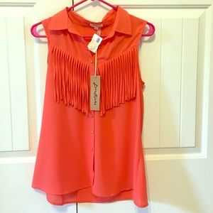 Orange fringe button up tank top