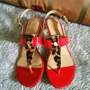 Red Patent Sandal w/ Leopard hair & Brown leather