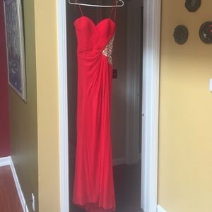 Red strapless prom dress