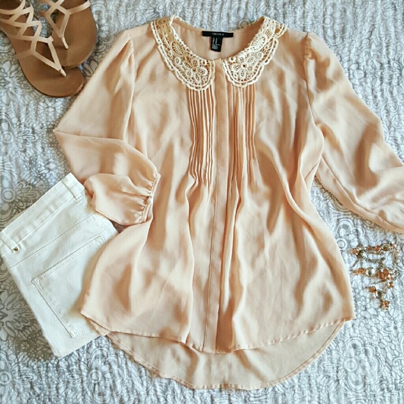 Crochet Collar High-Low Blouse Pink M